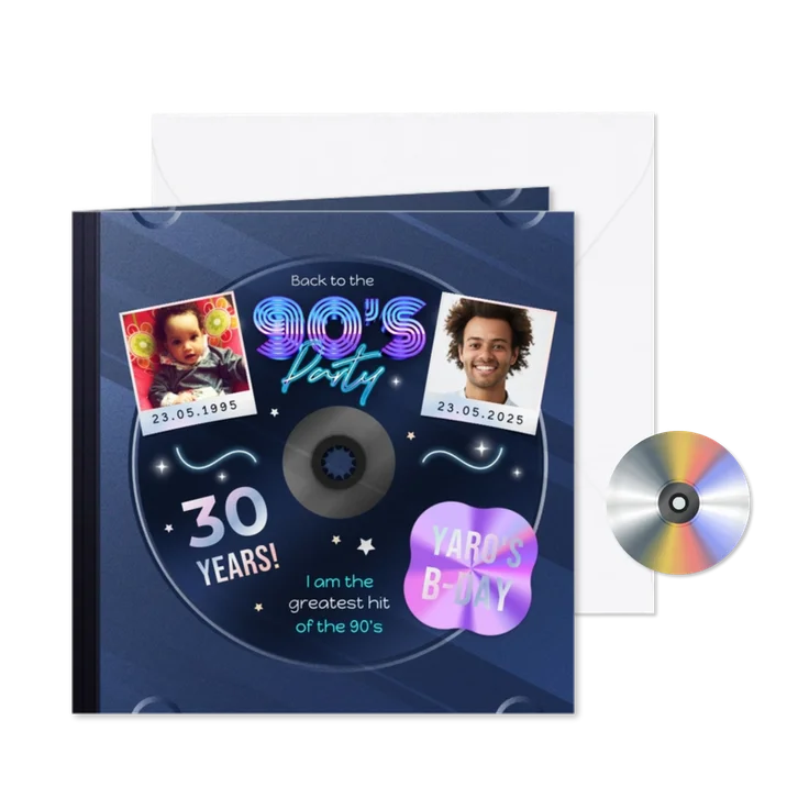 Uitnodiging 90's feestje disco foto's CD album hoesje