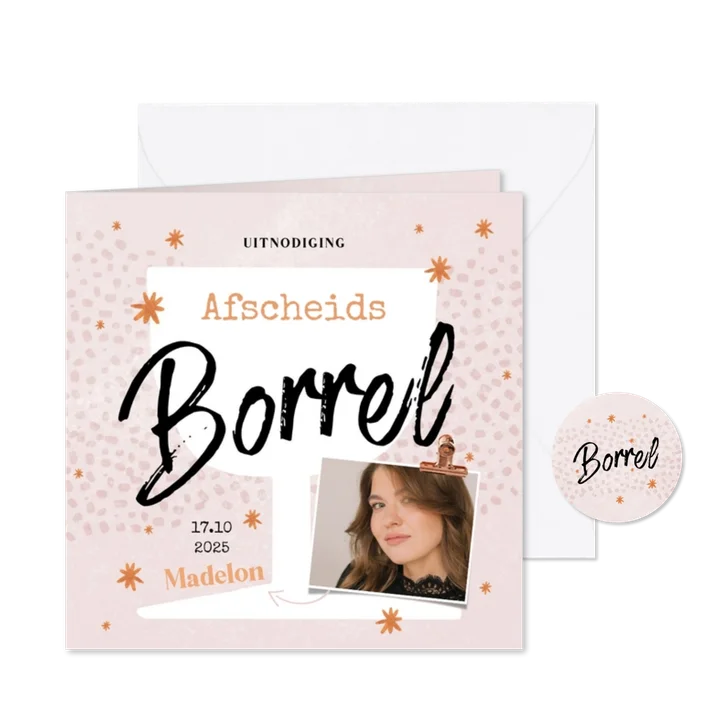 Uitnodiging afscheidsborrel roze confetti wijn foto