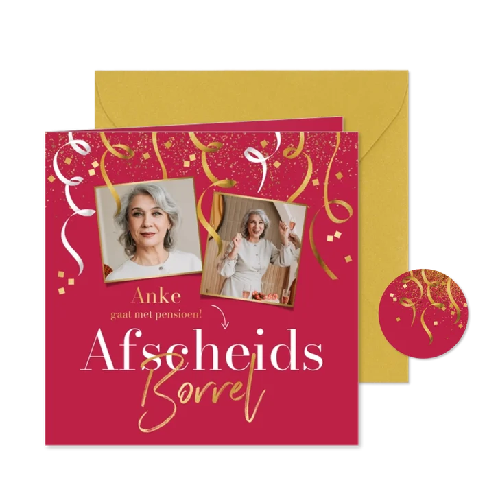 Uitnodiging afscheidsfeest borrel pensioen foto's slingers