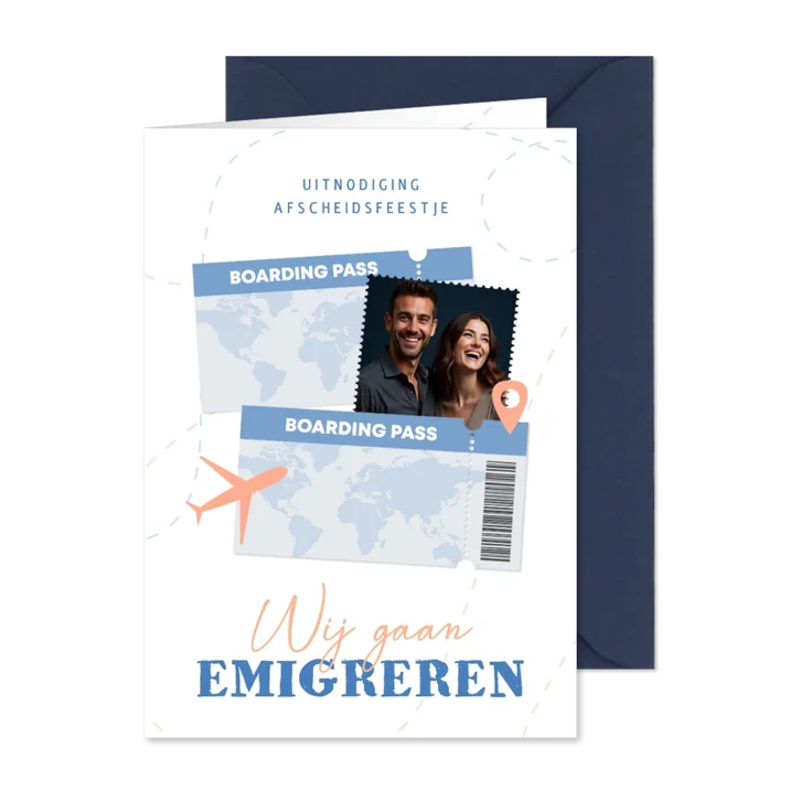 Uitnodiging afscheidsfeestje emigratie vliegticket en foto