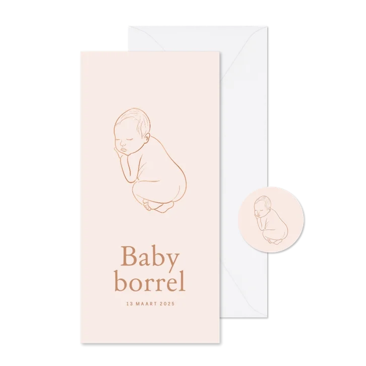 Uitnodiging baby borrel roze met een lijntekening