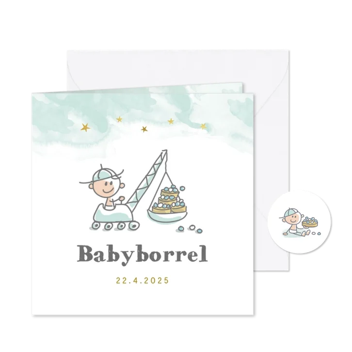 Uitnodiging babyborrel hijskraan en beschuit met muisjes