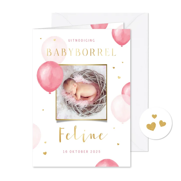 Uitnodiging babyborrel kraamfeest ballonnen hartjes foto