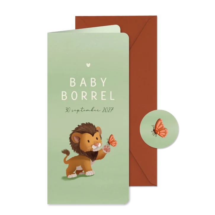 Uitnodiging babyborrel leeuw met vlinder