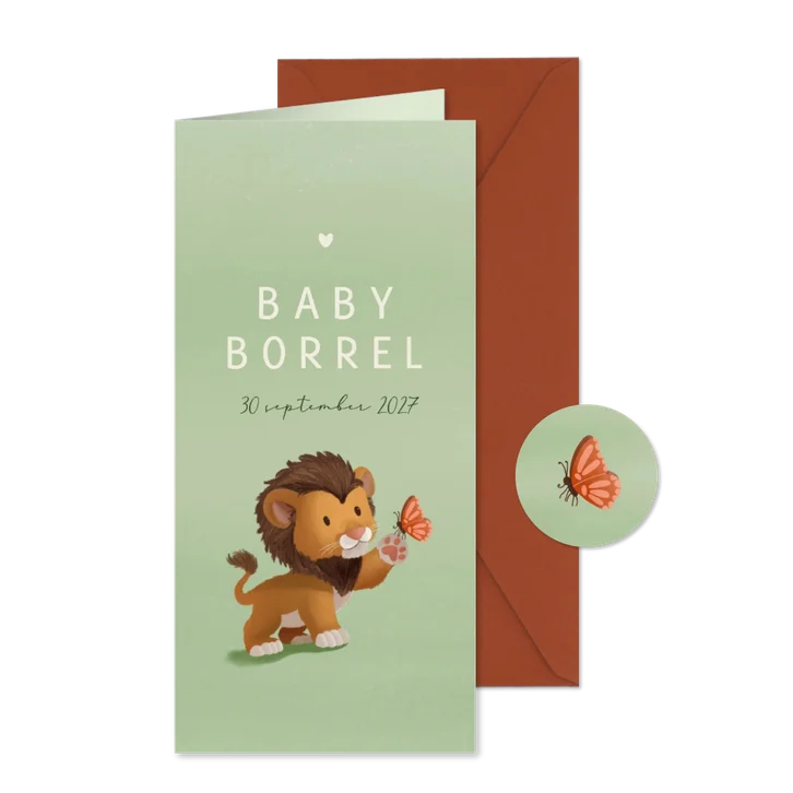 Uitnodiging babyborrel leeuw met vlinder