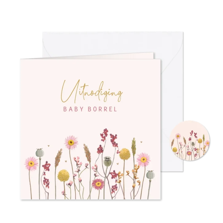 Uitnodiging babyborrel met droogbloemen