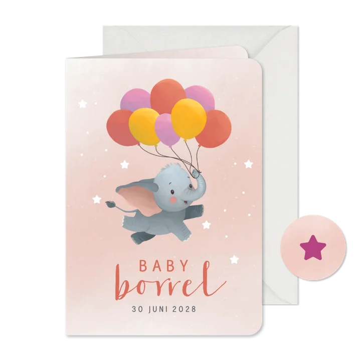 Uitnodiging babyborrel met olifant en ballonnen