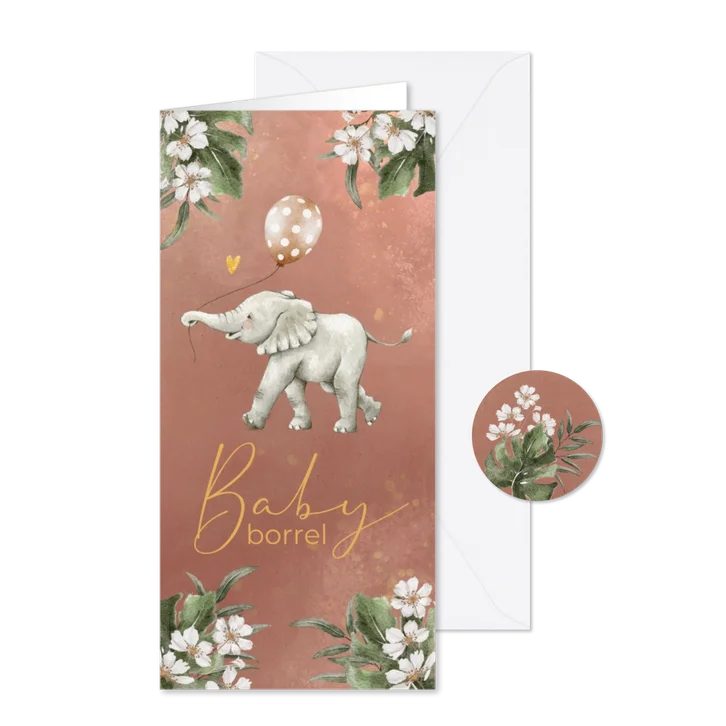 Uitnodiging babyborrel met olifantje en ballon
