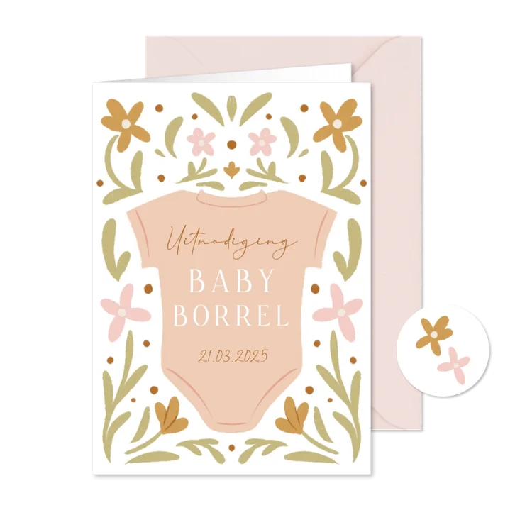 Uitnodiging babyborrel met rompertje en bloemen