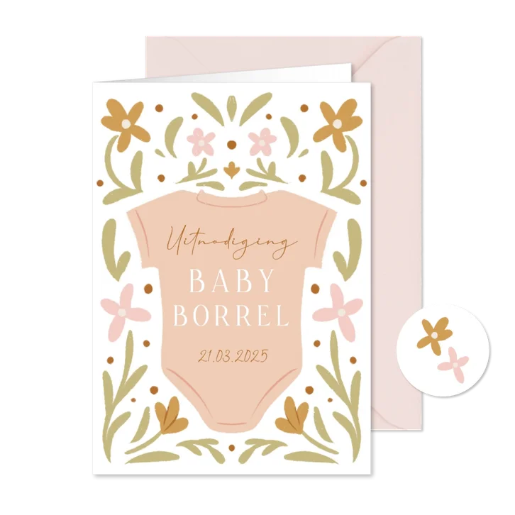 Uitnodiging babyborrel met rompertje en bloemen