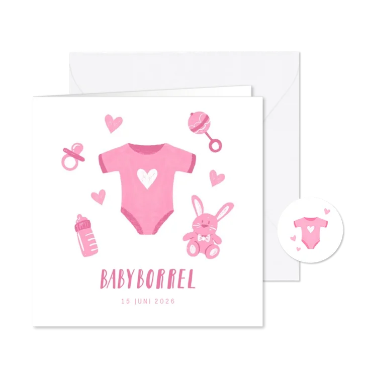 Uitnodiging babyborrel met roze rompertje en hartjes 