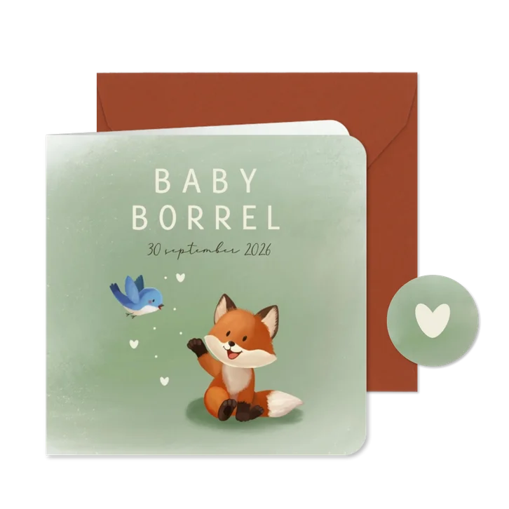 Uitnodiging babyborrel vosje hartjes vogel 