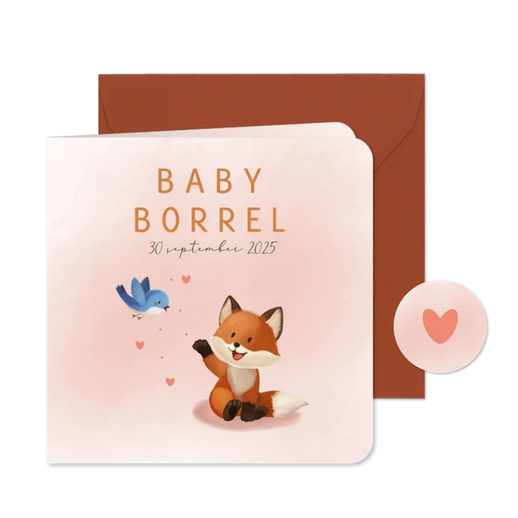 Uitnodiging babyborrel vosje vogel en hartjes