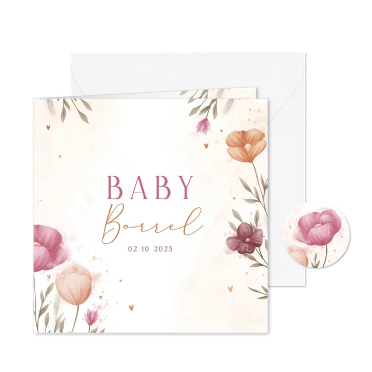 Uitnodiging babyborrel waterverf bloemen met koperen hartjes