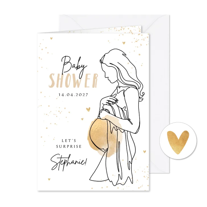 Uitnodiging babyshower line art zwanger goud hartjes
