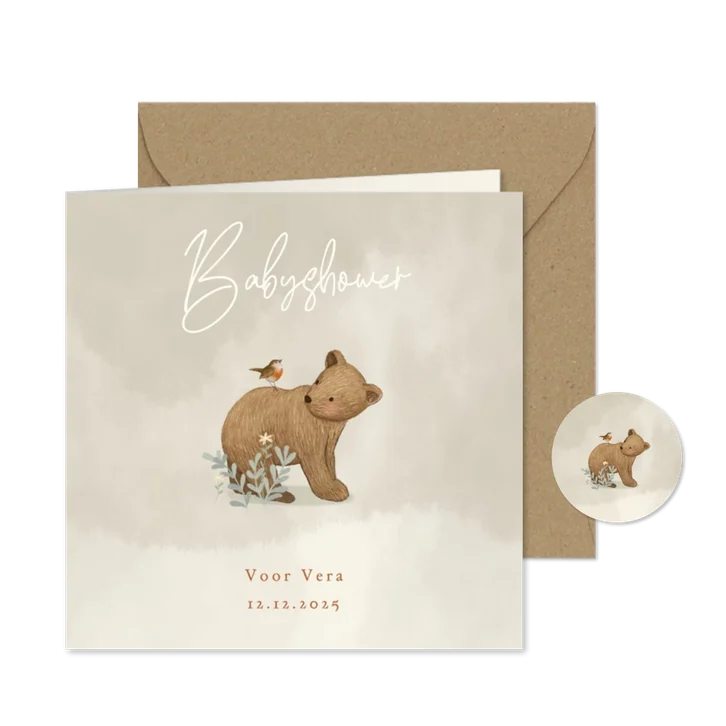 Uitnodiging babyshower met beertje en roodborstje
