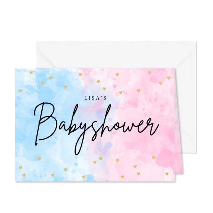 Uitnodiging babyshower waterverf roze blauw hartjes