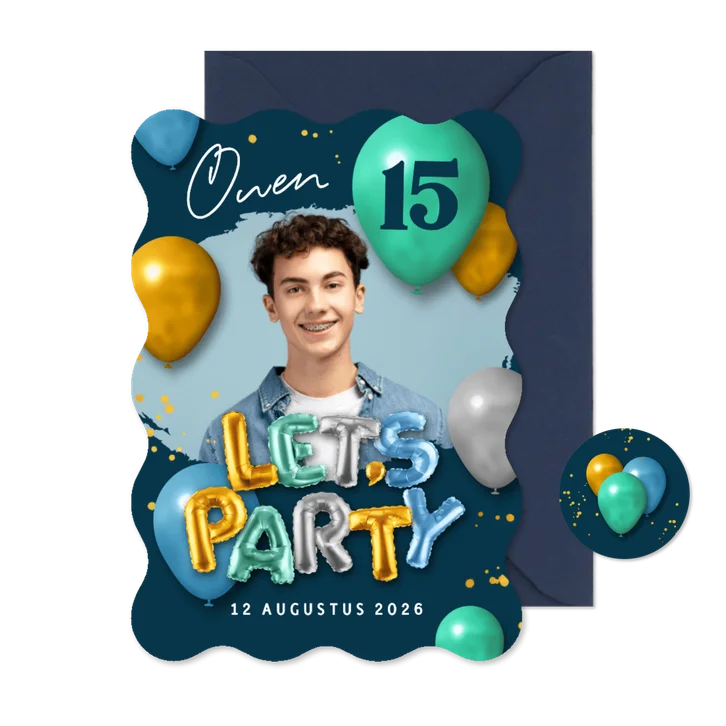 Uitnodiging ballonnen foto feestje party stoer