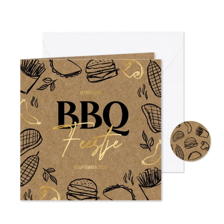 Uitnodiging barbecue feestje doodles zwart goud kraftlook