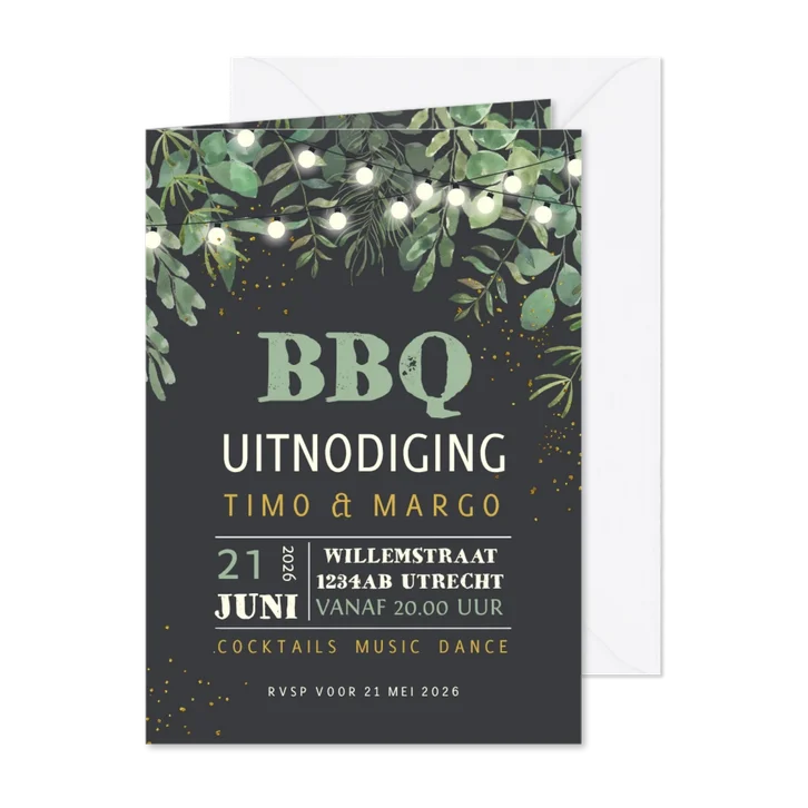 Uitnodiging BBQ feestje met prikkabel en takjes