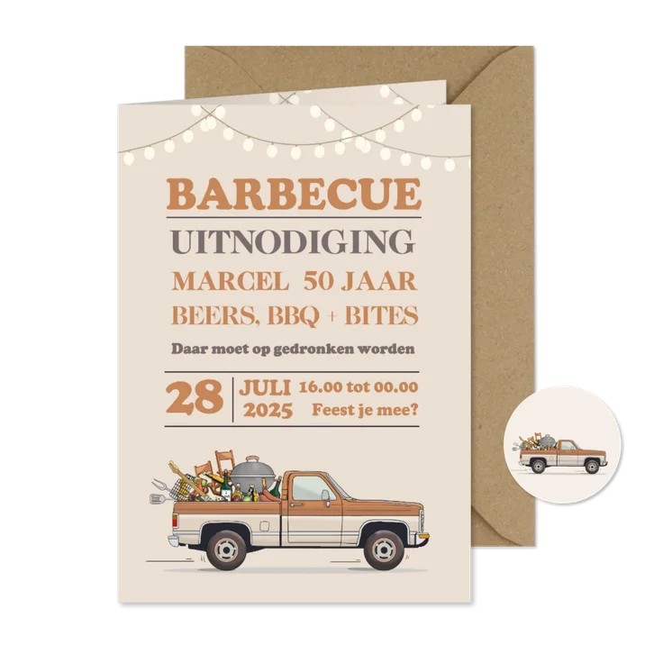 Uitnodiging BBQ met pickup truck retro bruin