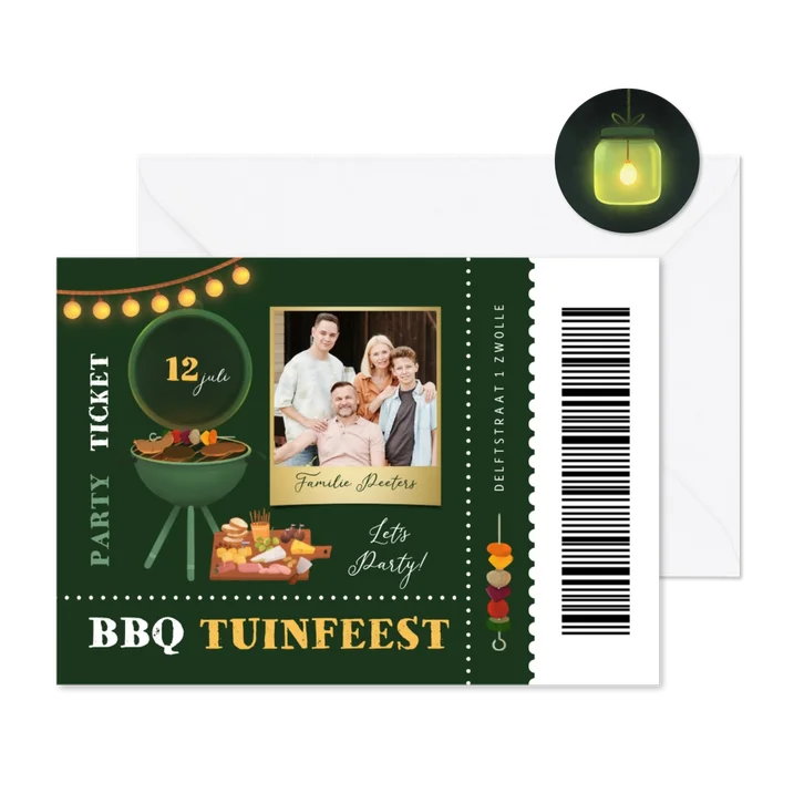 Uitnodiging BBQ tuinfeest ticket foto feestje
