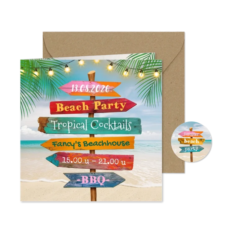 Uitnodiging beach party strandfeest caribische wegwijzers 