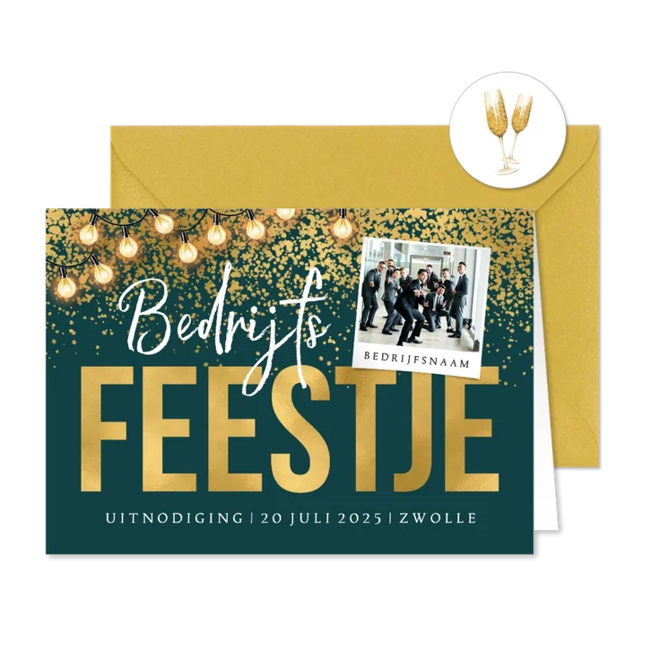 Uitnodiging bedrijfsfeestje goud confetti lampjes foto