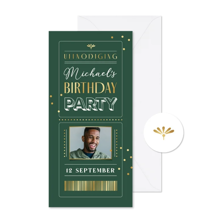 Uitnodiging birthday party ticket confetti goud foto