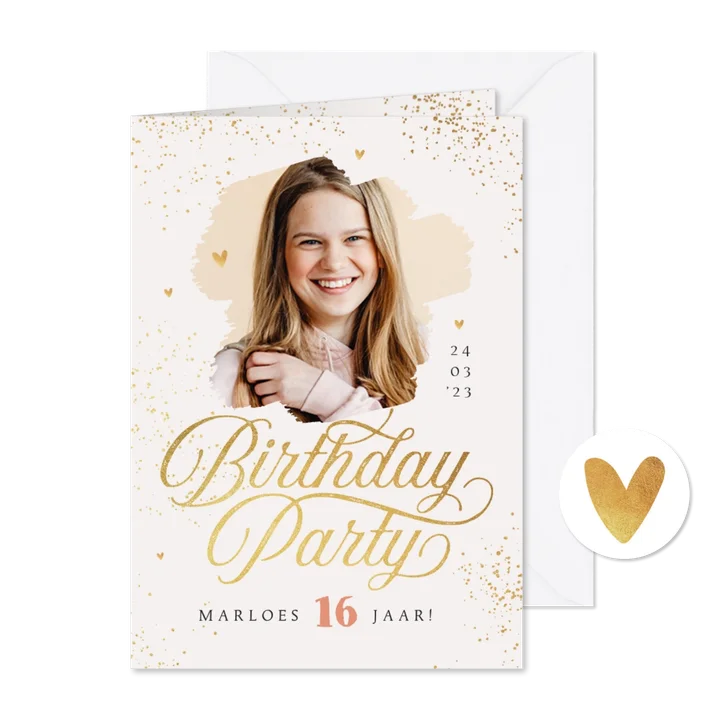 Uitnodiging birthday party verjaardag goud hartjes spetters