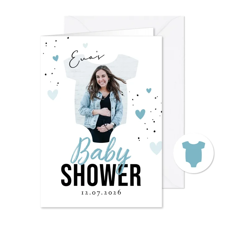 Uitnodiging blauw babyshower rompertje foto hartjes