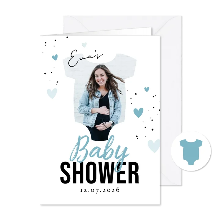 Uitnodiging blauw babyshower rompertje foto hartjes