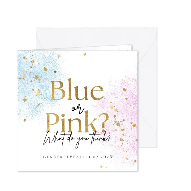 Uitnodiging blue or pink gender reveal party spetters goud