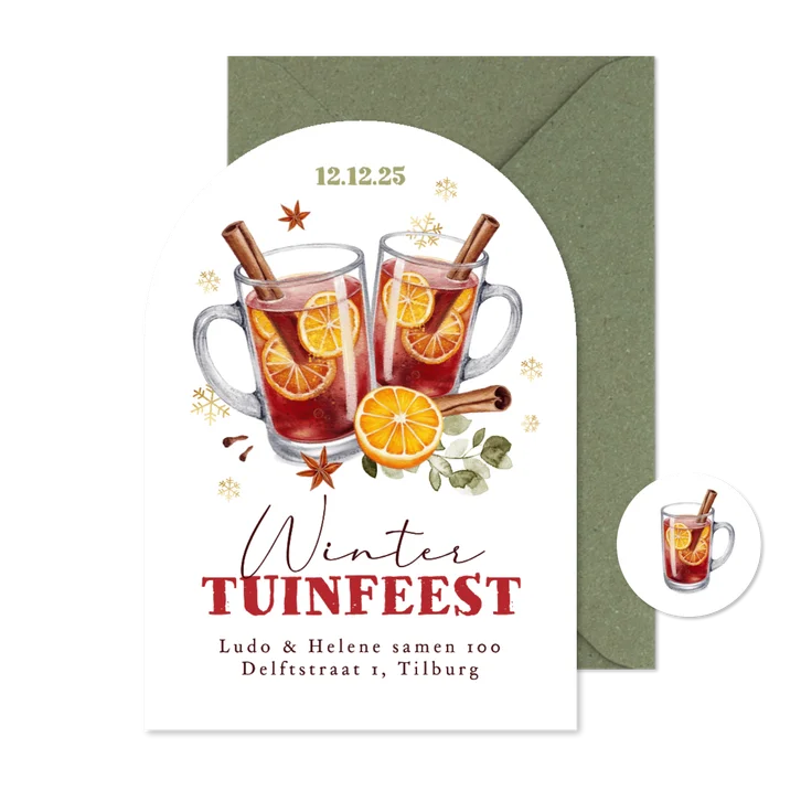 Uitnodiging boogkaart winter tuinfeestje glühwein samen 100