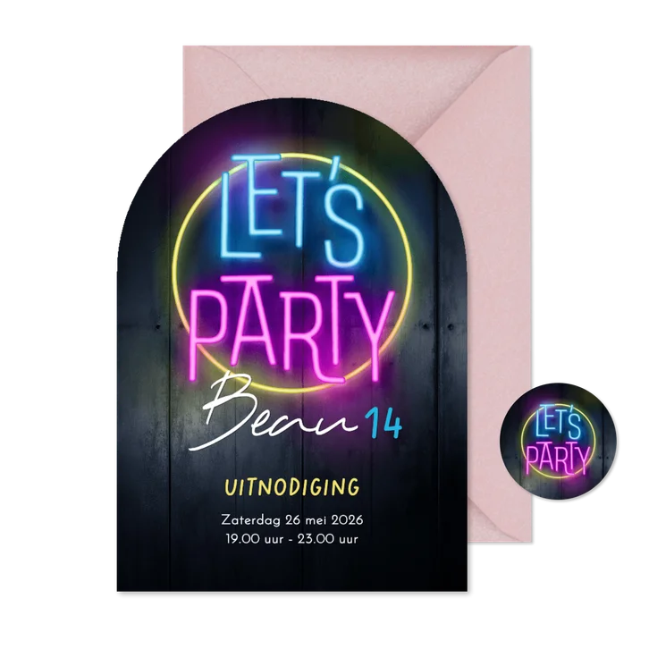 Uitnodiging boogvorm 80's neon sign feestje party