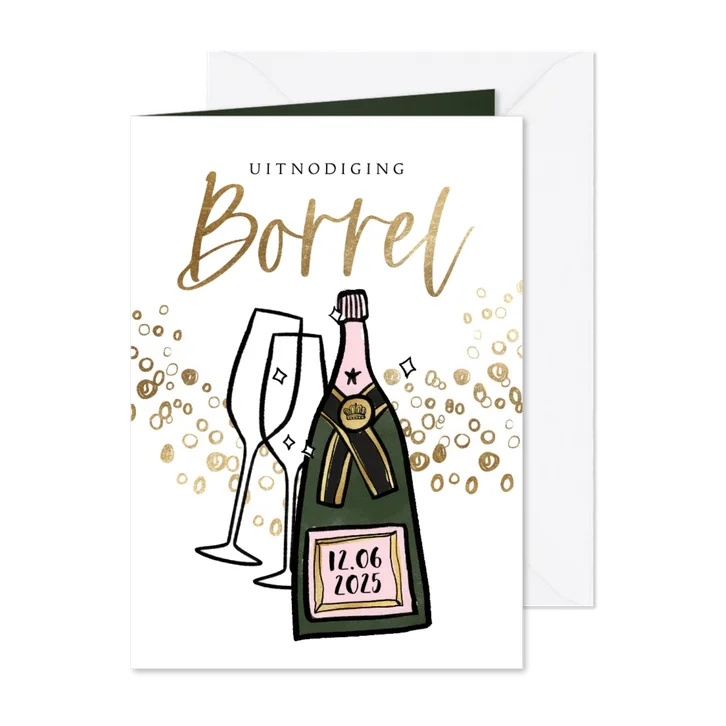 Uitnodiging ‘Borrel’ bubbels goudlook champagnefles glazen