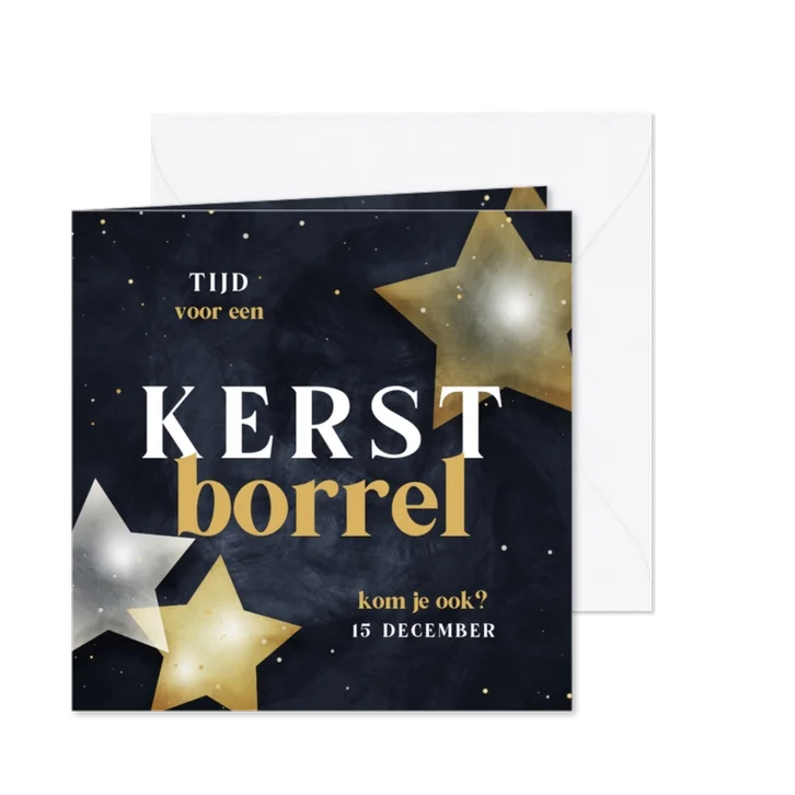 Uitnodiging borrel met sterren donkerblauw met goud