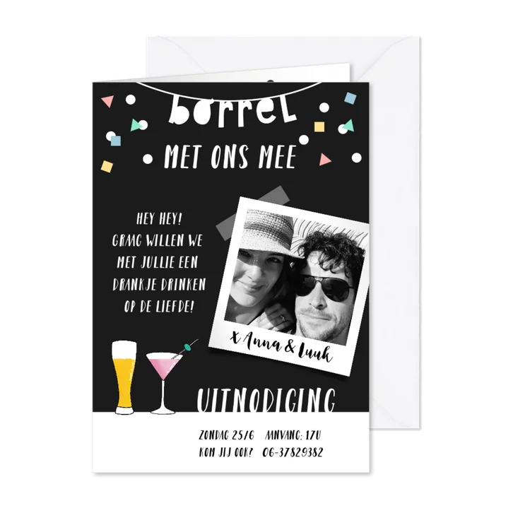 Uitnodiging borrel slinger confetti fotokaart