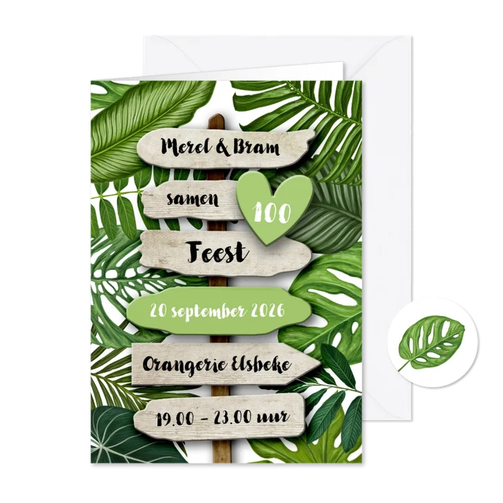 Uitnodiging botanisch groen blad met houten wegwijzer