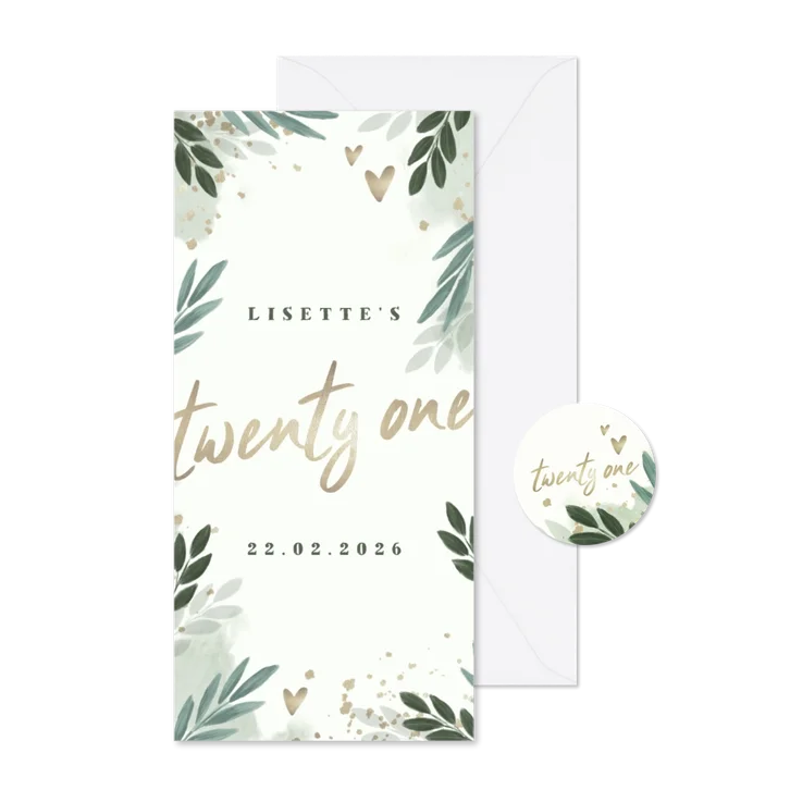 Uitnodiging botanisch 'twenty one' met gouden hartjes