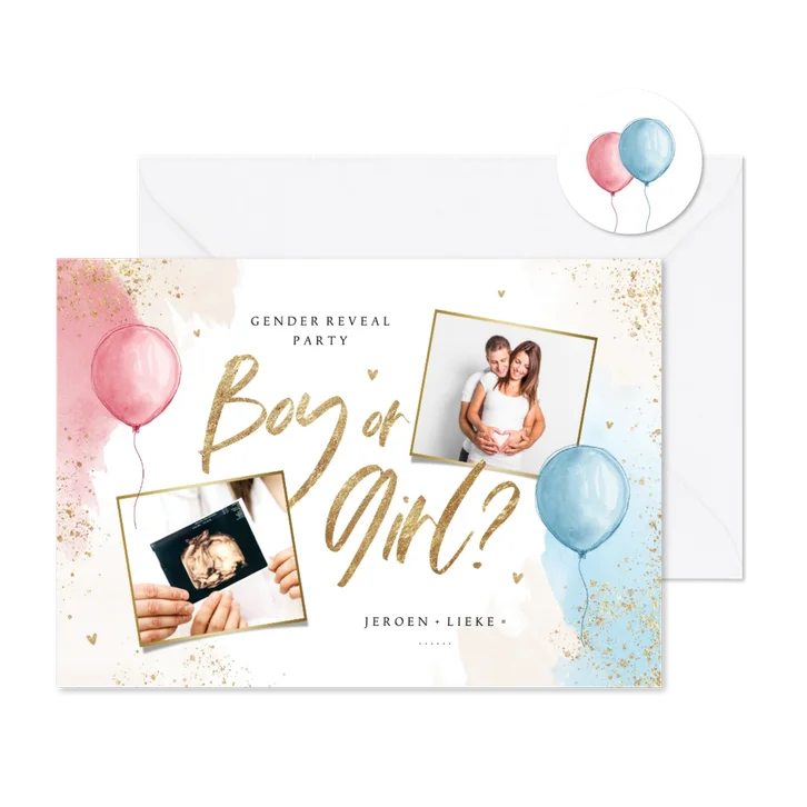 Uitnodiging Boy or Girl waterverf blauw roze foto's