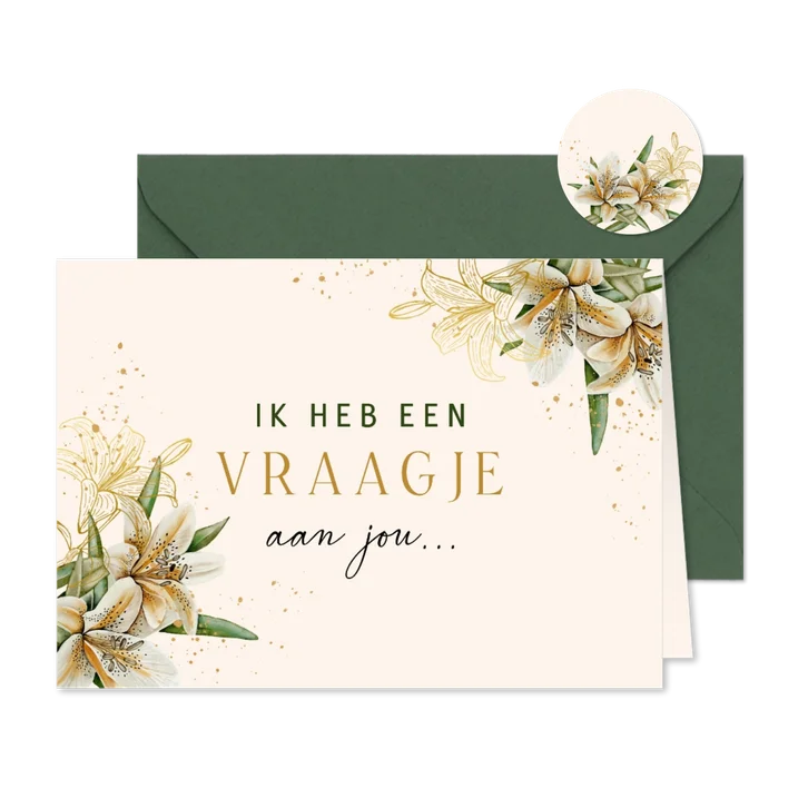Uitnodiging bruidsmeisje witte lelies met goudfolie