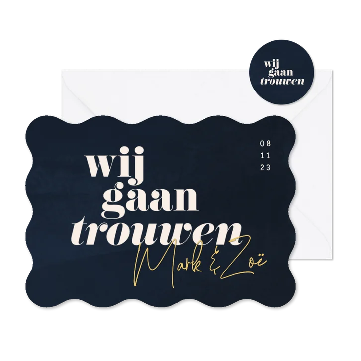 Uitnodiging bruiloft donkerblauw waterverf golfvorm