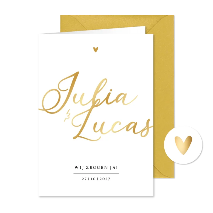 Uitnodiging bruiloft foliedruk namen goud