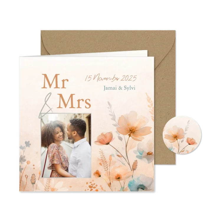 Uitnodiging bruiloft met eigen foto en aquarel wilde bloemen