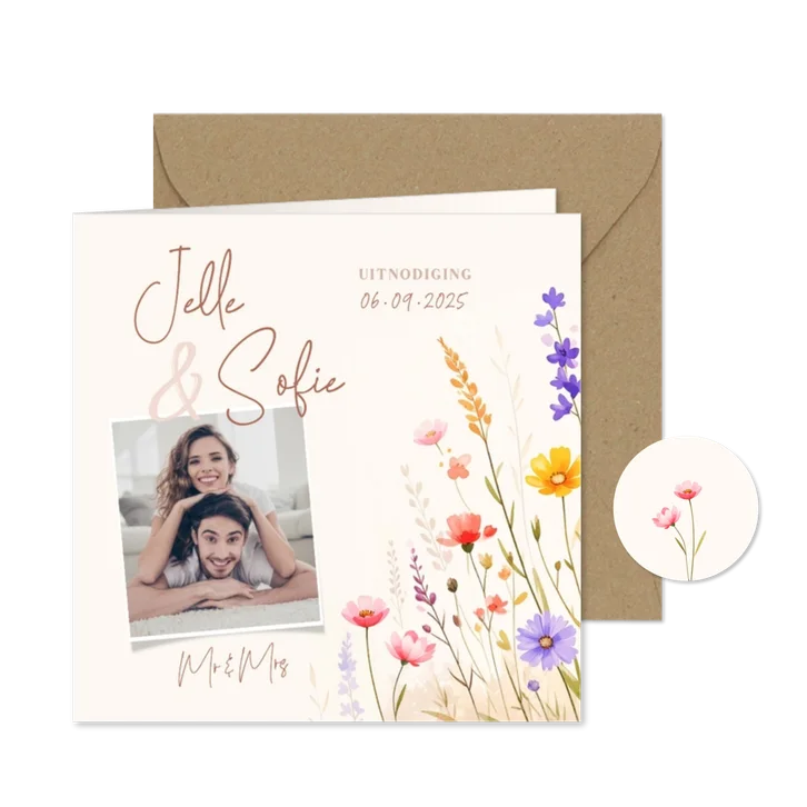 Uitnodiging bruiloft met foto en gemengde bloemen aquarel