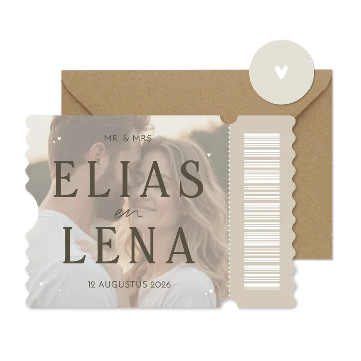 Uitnodiging bruiloft ticketvorm met grote foto en namen