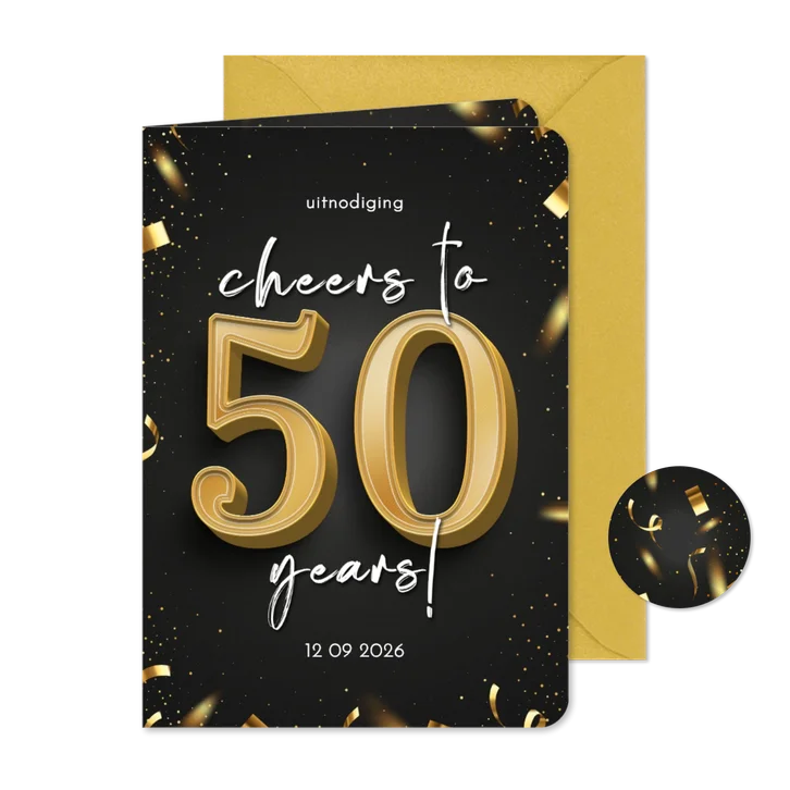 Uitnodiging cheers to 50 years goud confetti