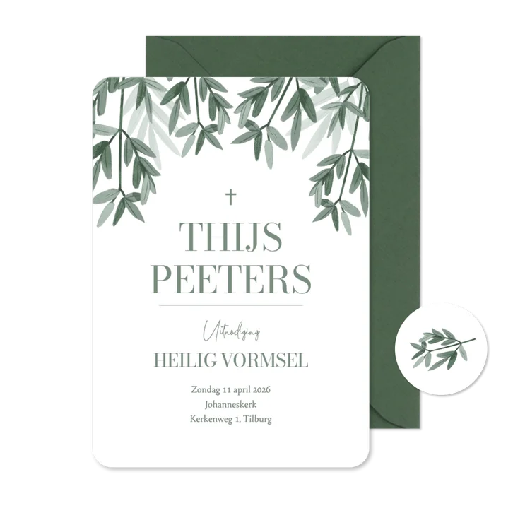 Uitnodiging christelijk heilig vormsel stijlvol takjes groen