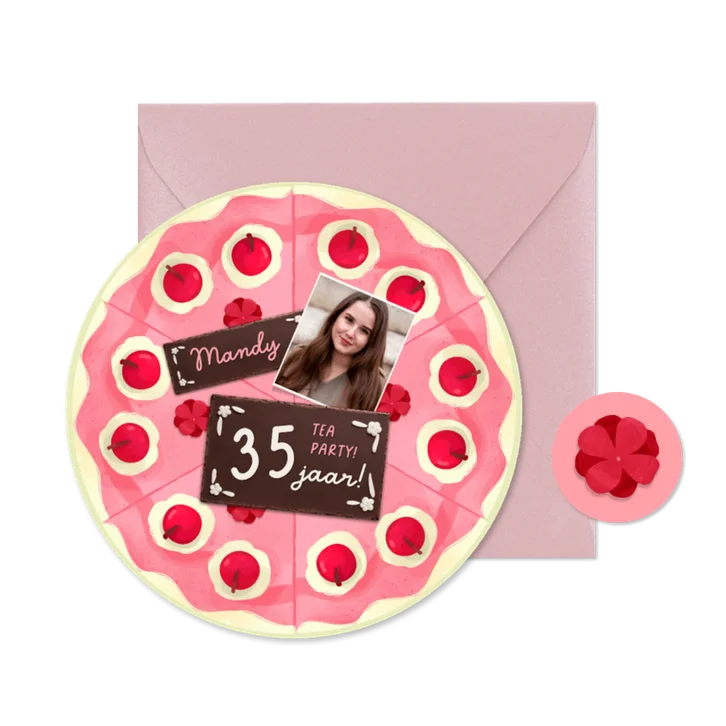 Uitnodiging cirkel kaart taart roze kersen high tea
